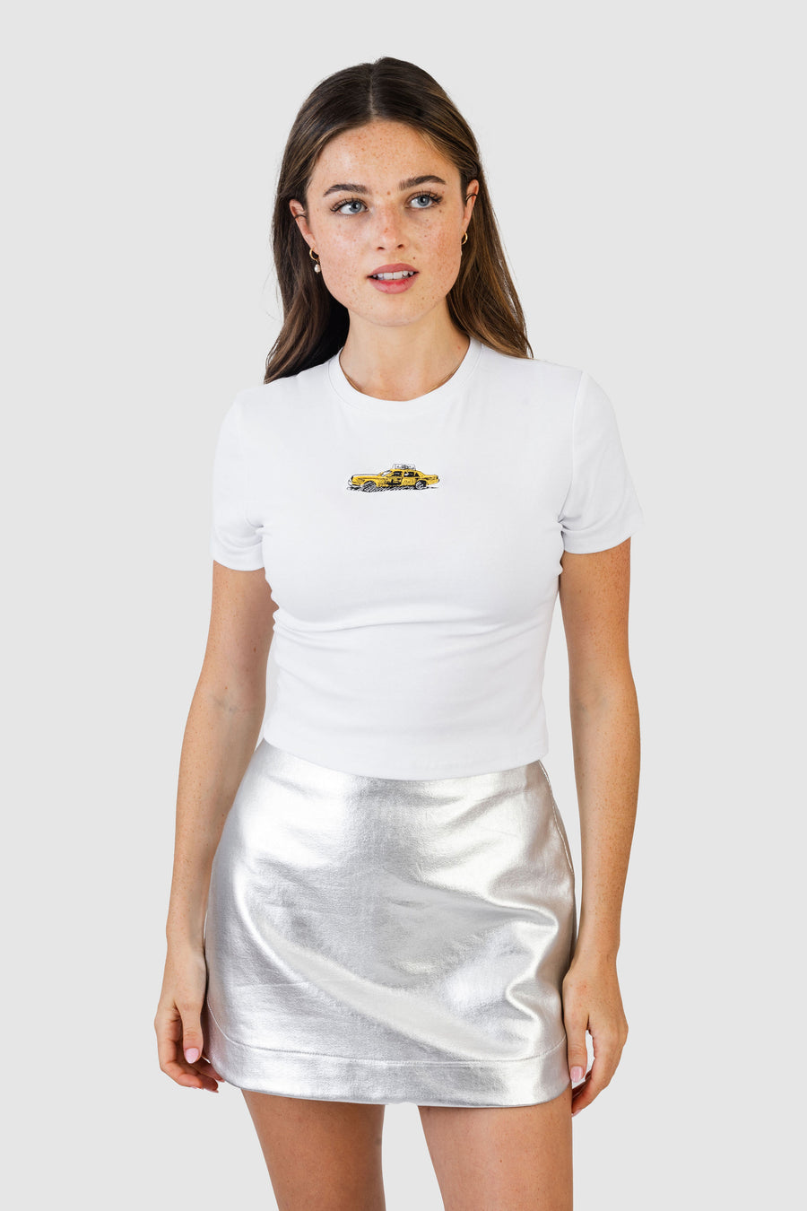 White Baby Tee Taxi Embroidery