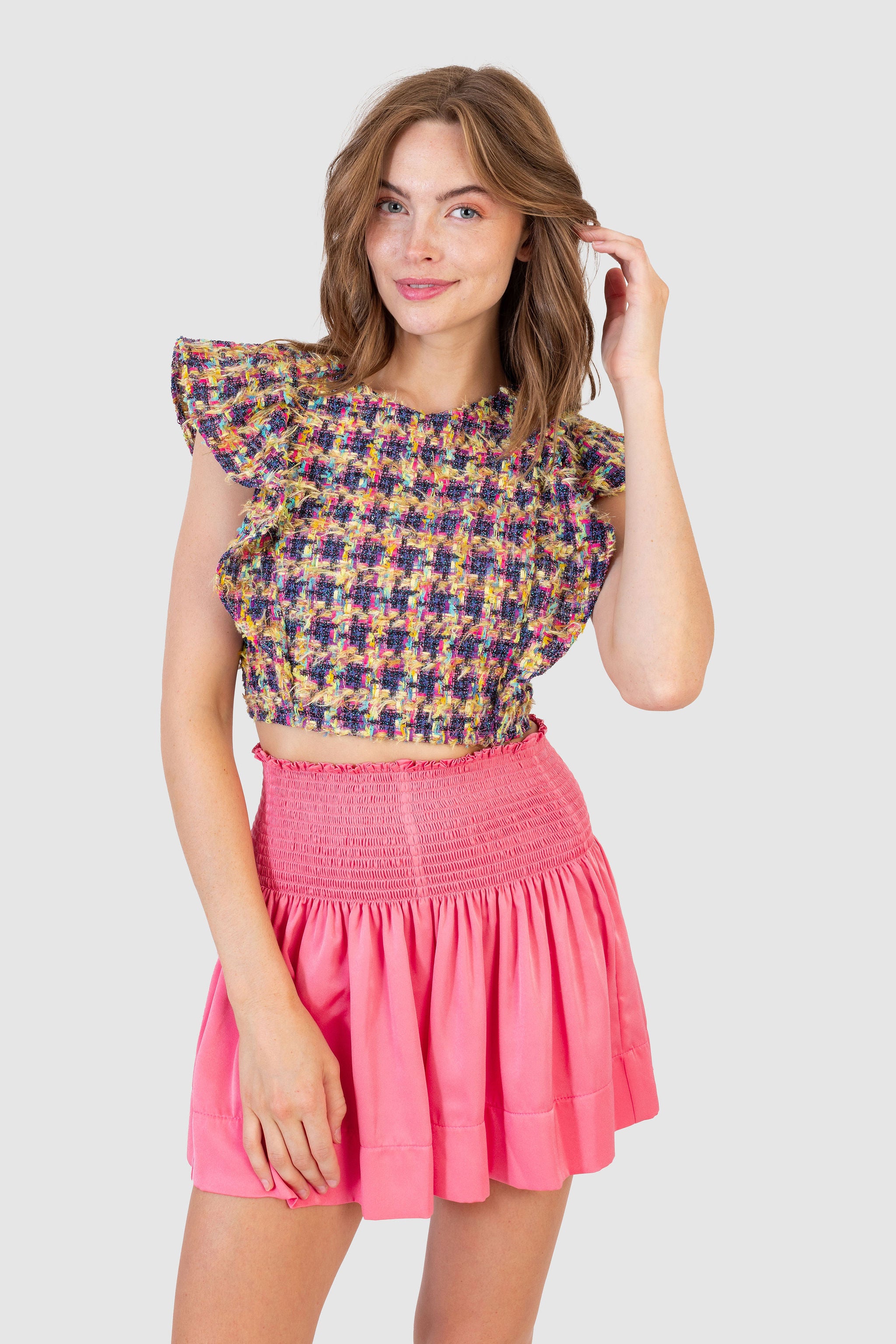 トップス sheller candy check tweed ruffe frill candy check tweed ruffle frill tops – shéller / シェリエ