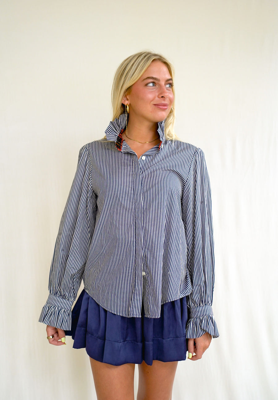 Phoebe Top Navy Stripe Shirting