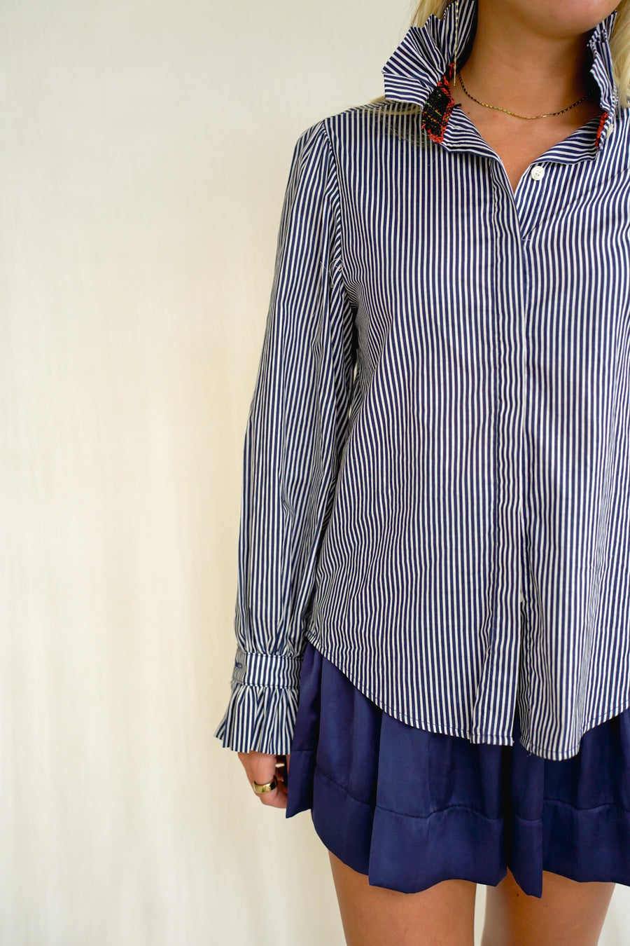 Phoebe Top Navy Stripe Shirting