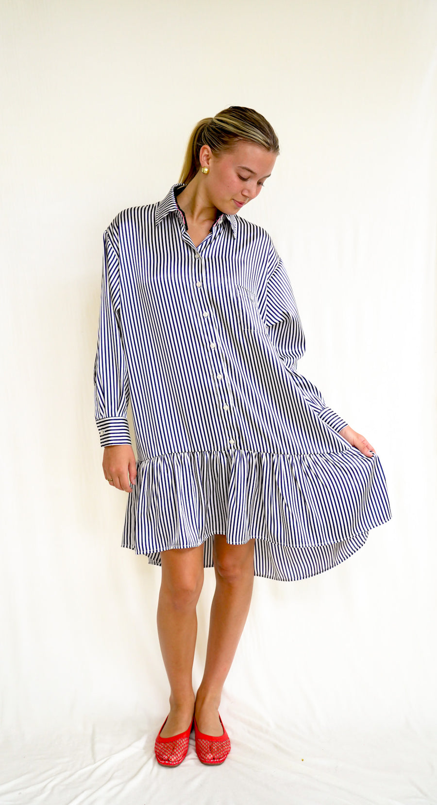 Lindsey Dress Navy Stripe Satin