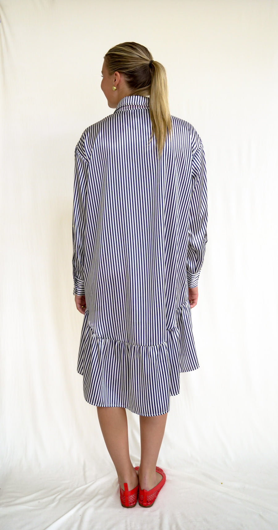 Lindsey Dress Navy Stripe Satin