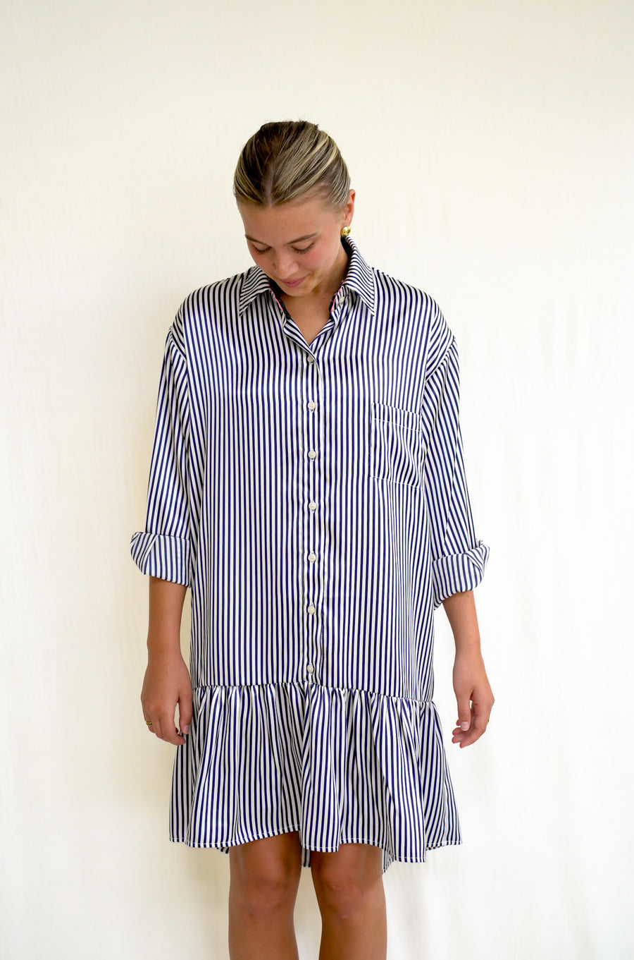 Lindsey Dress Navy Stripe Satin